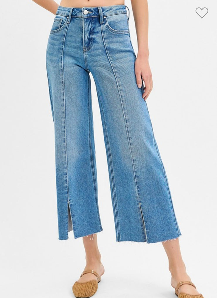 Mid Rise Crop Wide Leg Front Slit Jeans