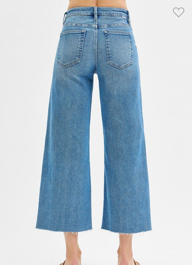 Mid Rise Crop Wide Leg Front Slit Jeans