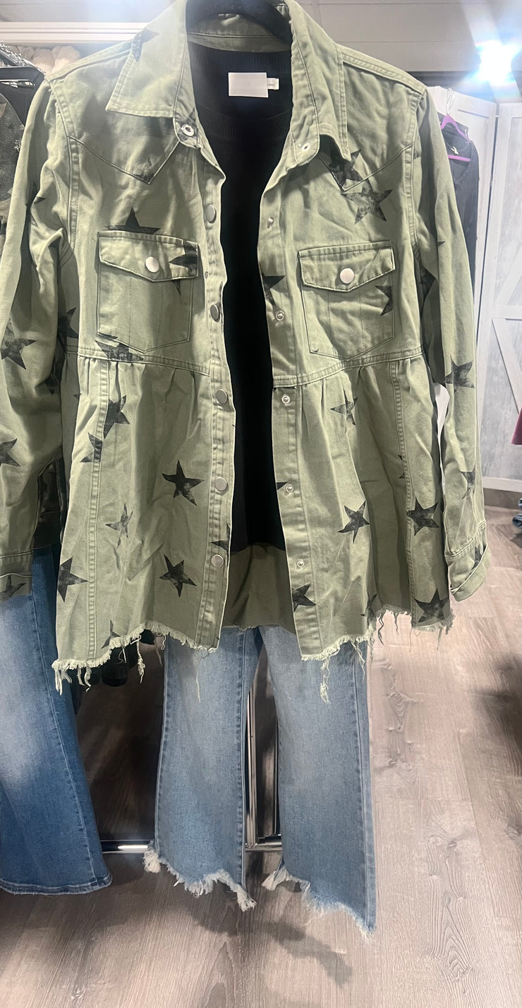 Olive Utility Shacket With Stars