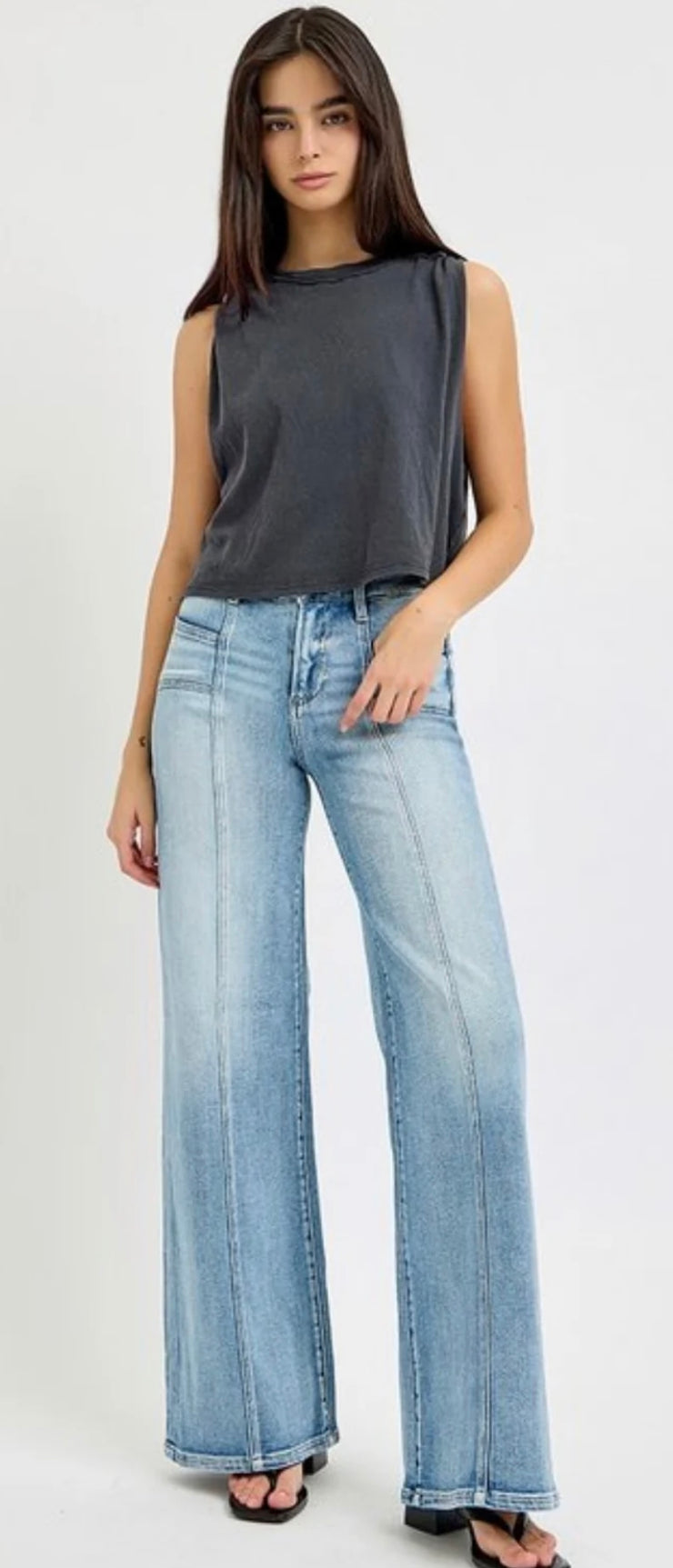 Mid Rise Wide Leg Jeans With Front Patch Pocket & Center Seam