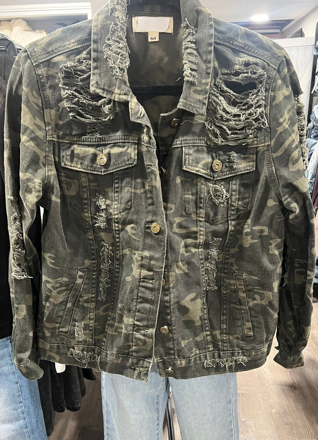 Dark Camo Distressed Denim Jacket