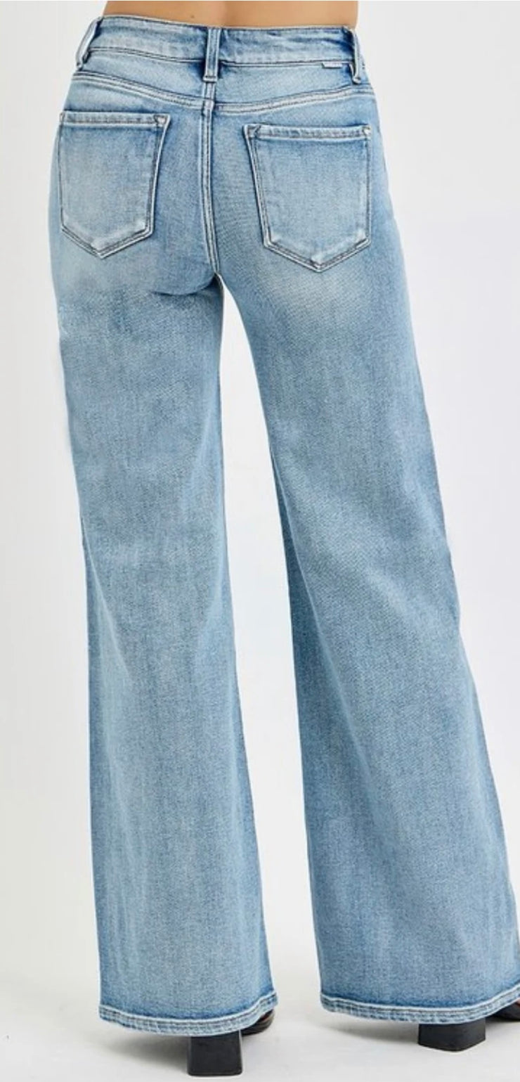 Mid Rise Wide Leg Jeans With Front Patch Pocket & Center Seam