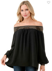 Black Off Shoulder Trelis Trim Top