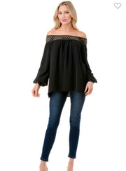 Black Off Shoulder Trelis Trim Top