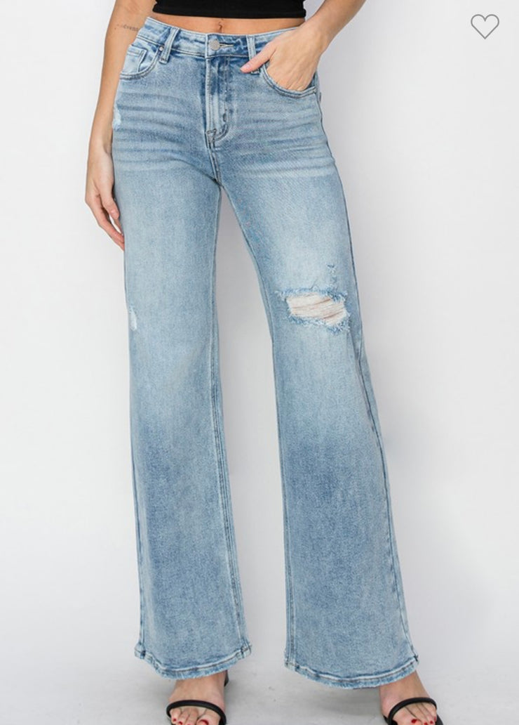 Distressed Detail Wide Leg Jeans