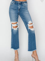 Medium Wash Mid Rise Crop Flare Jeans