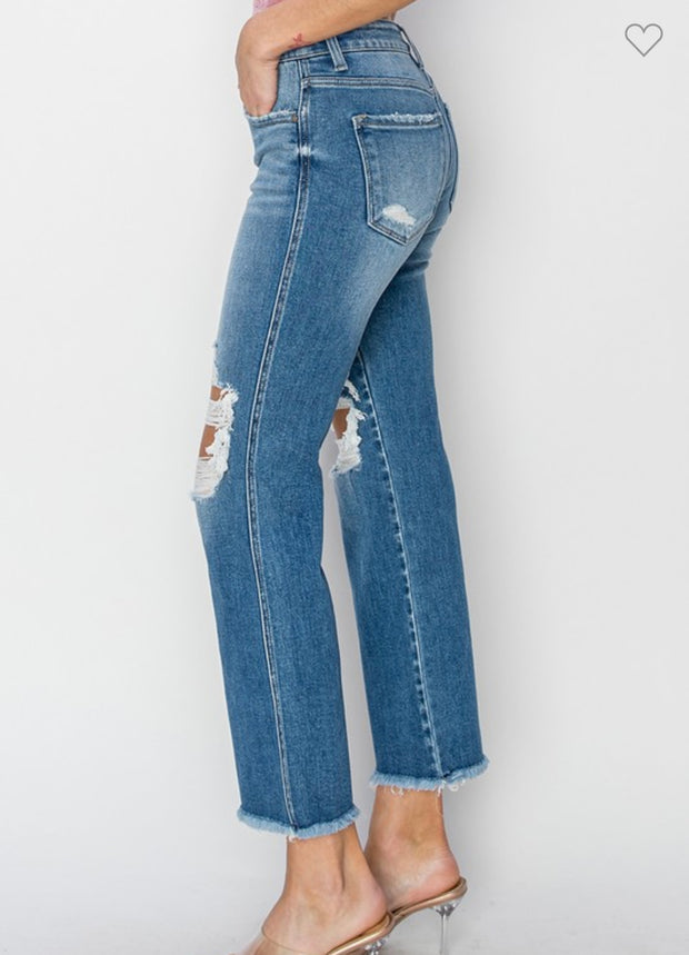 Medium Wash Mid Rise Crop Flare Jeans