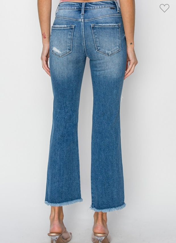 Medium Wash Mid Rise Crop Flare Jeans