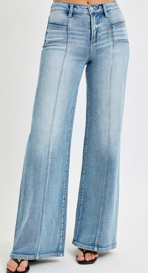 Mid Rise Wide Leg Jeans With Front Patch Pocket & Center Seam