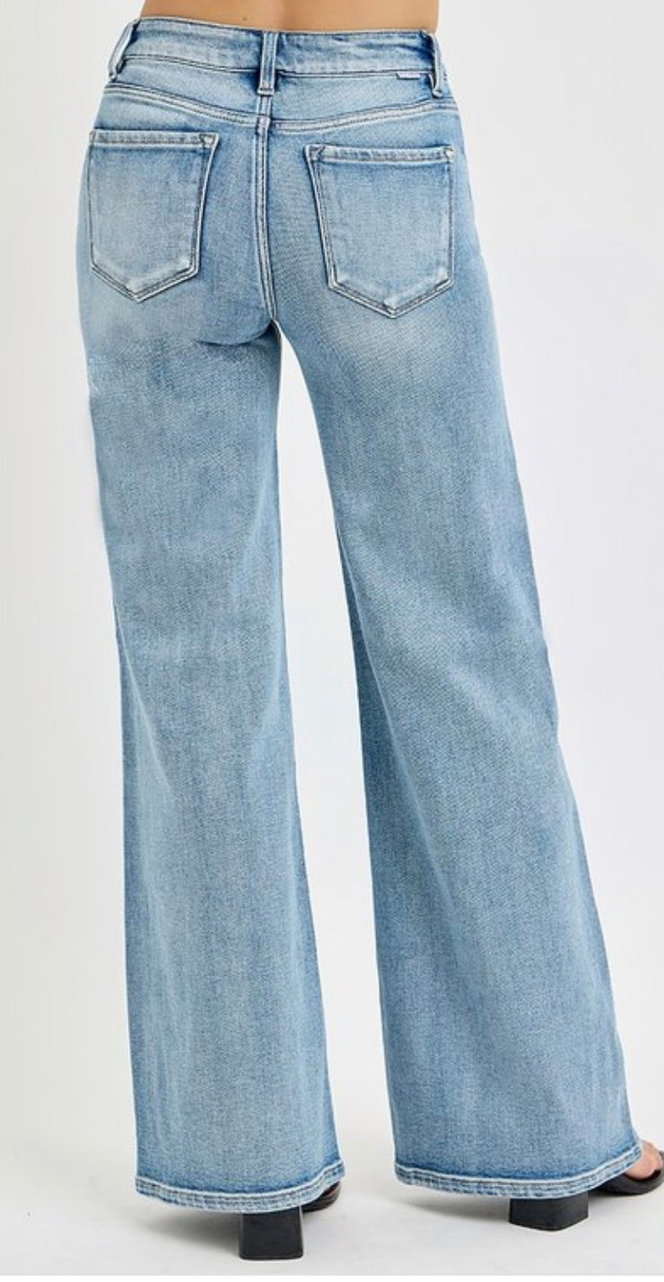 Mid Rise Wide Leg Jeans With Front Patch Pocket & Center Seam