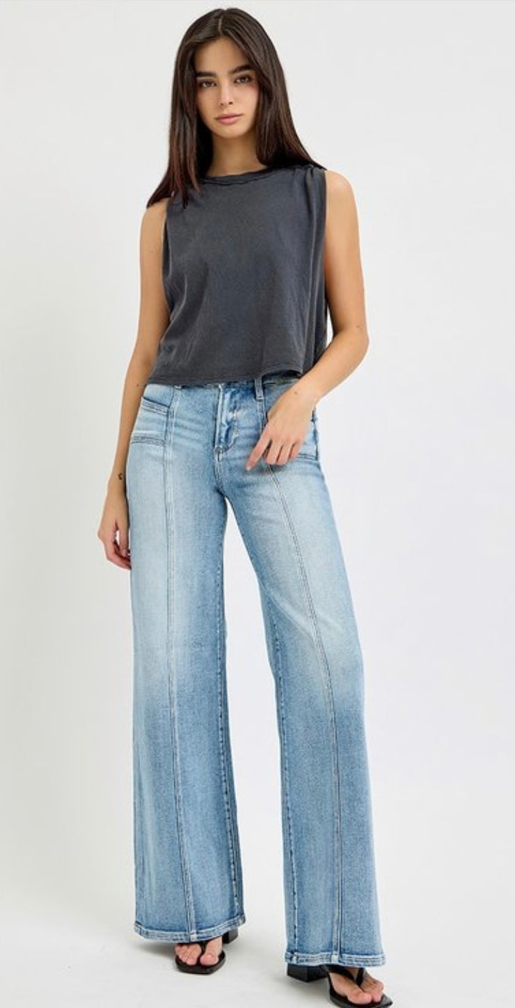 Mid Rise Wide Leg Jeans With Front Patch Pocket & Center Seam