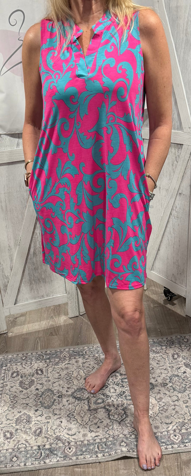 Magenta/Teal Print Sleeveless Dress