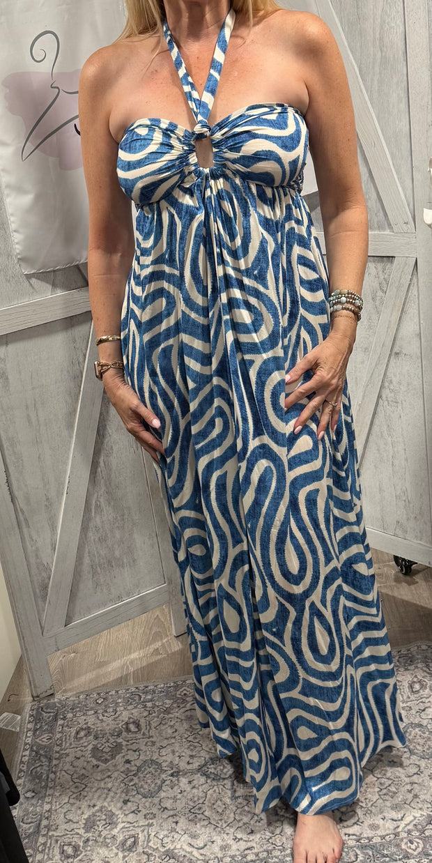 Blue/Ivory Halter Smocked Back Top Cut Out Waisted Maxi Dress