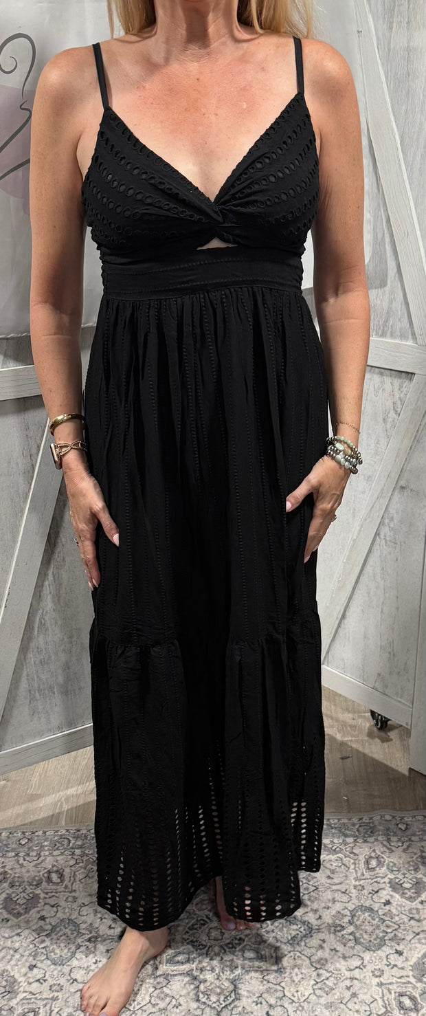 Black Eyelet Embroidered Twist Front Maxi Dress