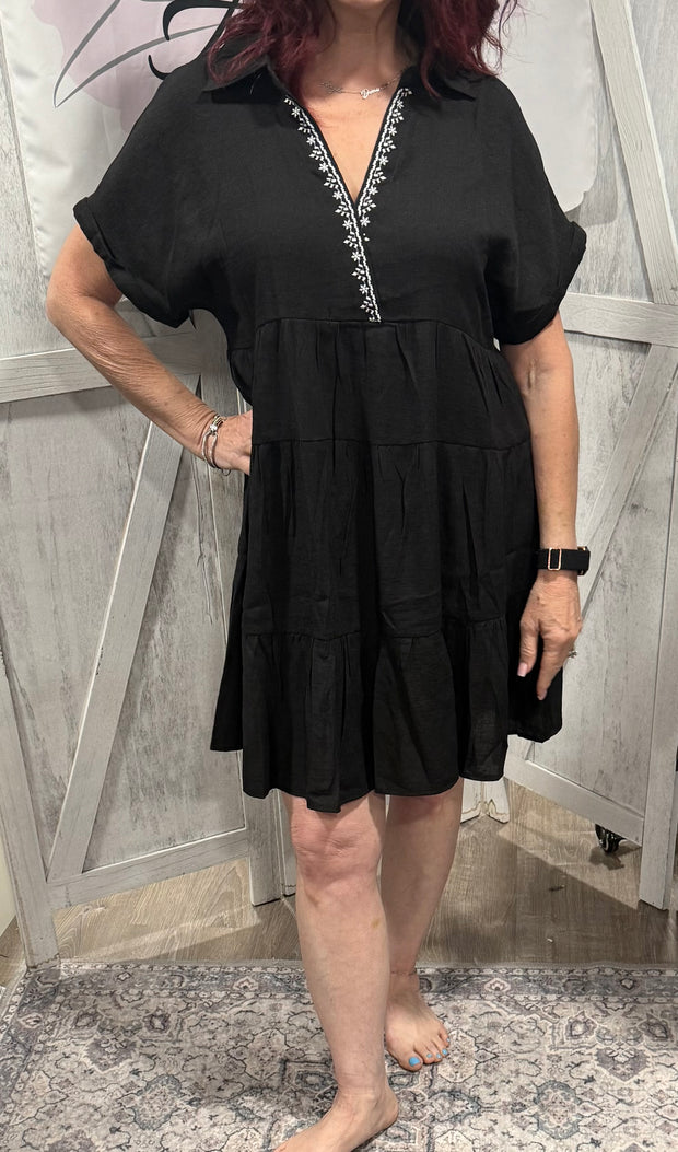 Black Short Sleeve Dress With Embroidery Detail