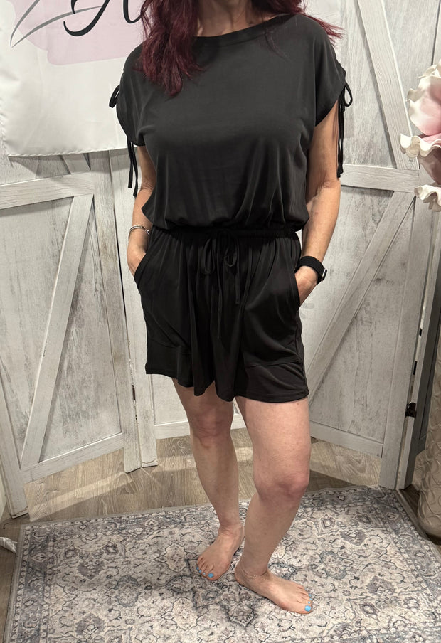 Washed Black Cinched Shoulder Romper