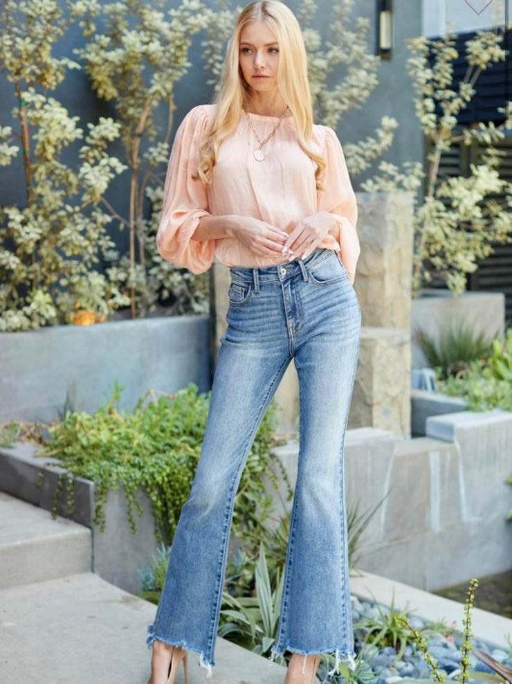 Mid Rise Med Wash Bootcut Jeans with Frayed Bottom