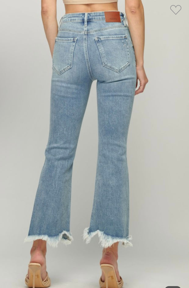 Super Fray Cropped Flare Jean With Knee Distressing