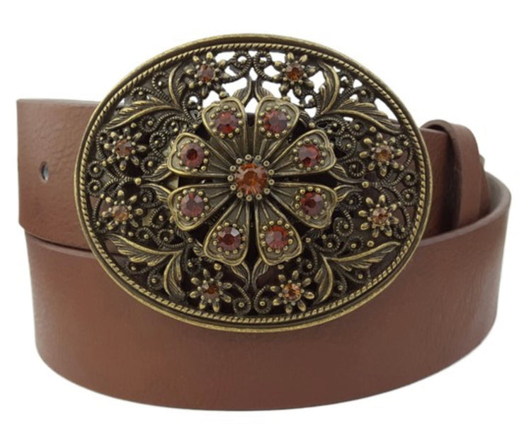 Western Crystal Oval Buckle Belt- Available in Black or Brown