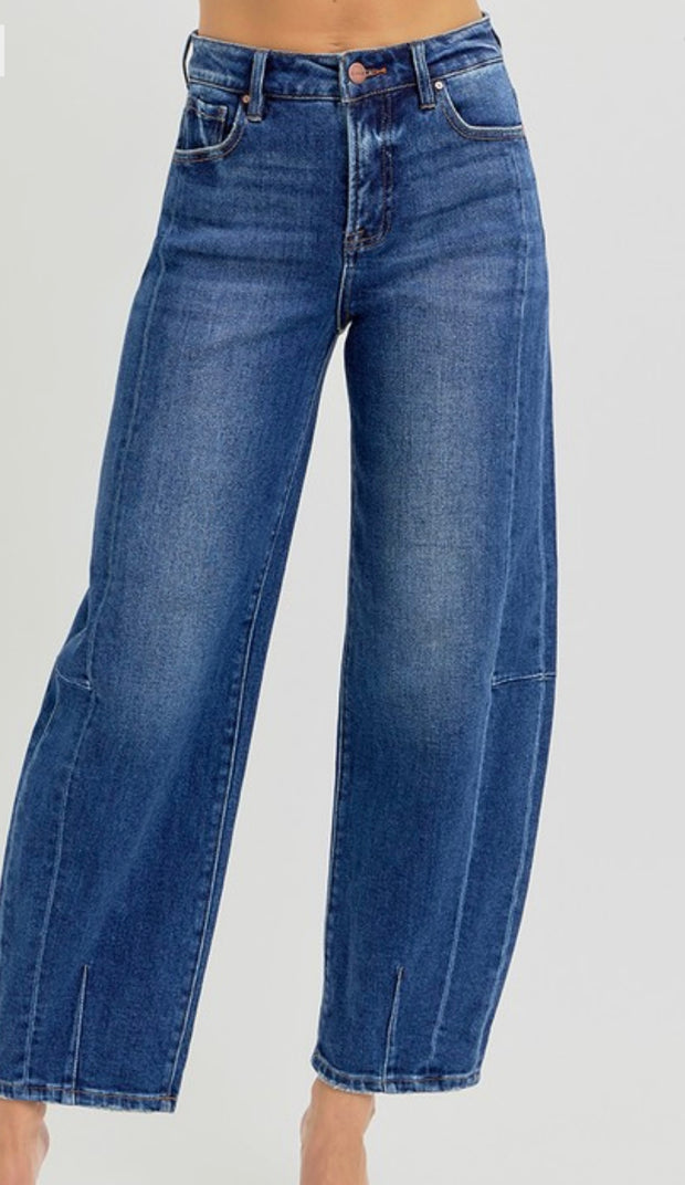 Dark High Rise Barrel Jeans- No Rips or Distressing
