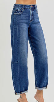 Dark High Rise Barrel Jeans- No Rips or Distressing