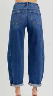 Dark High Rise Barrel Jeans- No Rips or Distressing