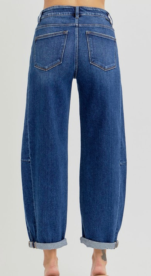 Dark High Rise Barrel Jeans- No Rips or Distressing