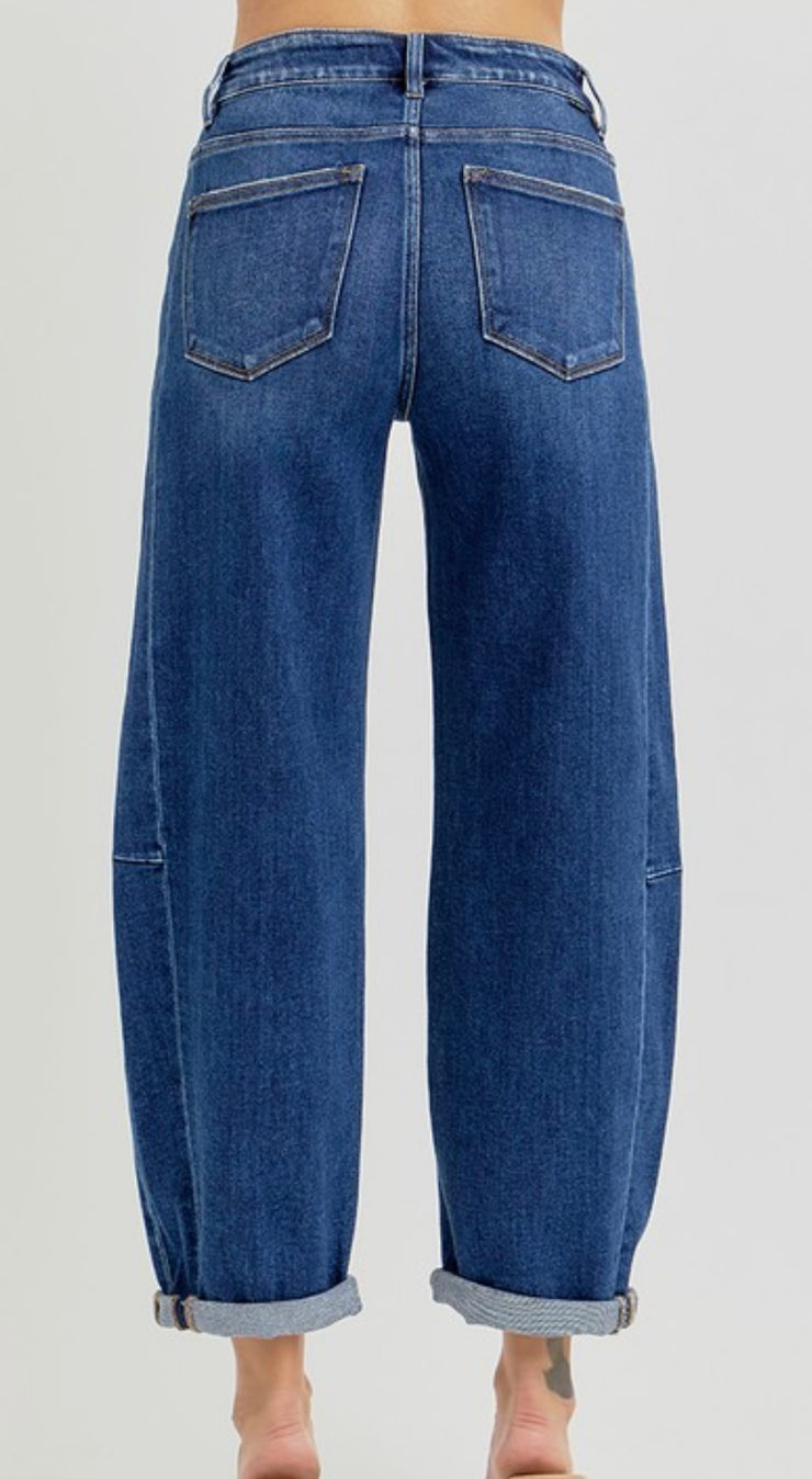 Dark High Rise Barrel Jeans- No Rips or Distressing