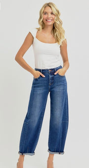 Dark High Rise Barrel Jeans- No Rips or Distressing
