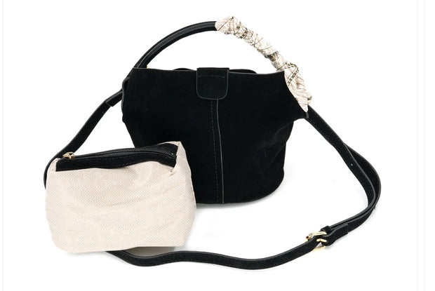 Black Small Suede Bucket Bag With Scarf Wrapped Handle & Makeup Bag