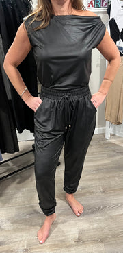 Ariella Black Ruched Joggers (Matching Puff Shoulder Top  or Off Shoulder Top  Available)