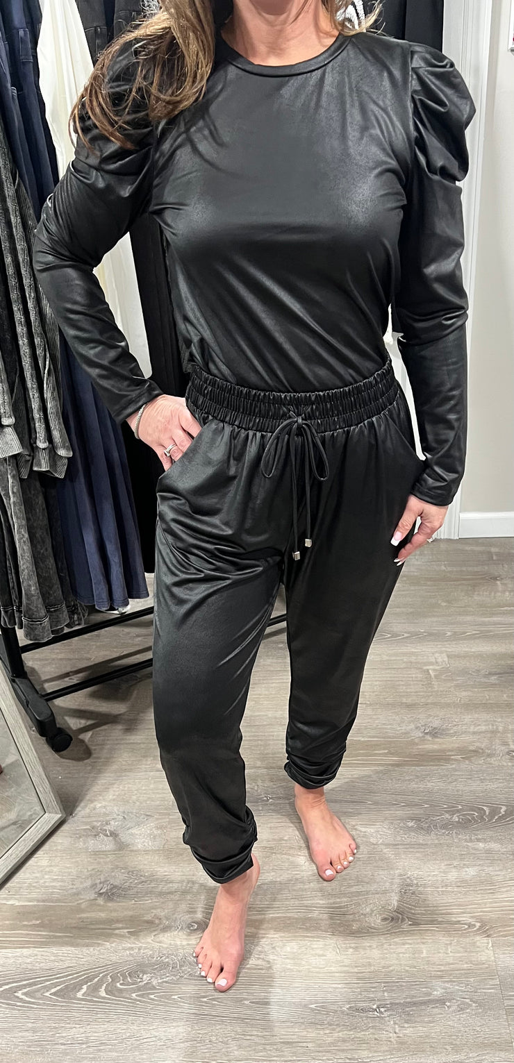 Ariella Black Ruched Joggers (Matching Puff Shoulder Top  or Off Shoulder Top  Available)