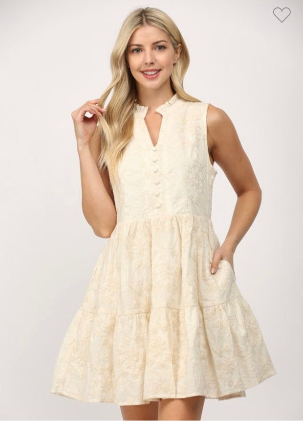 Ivory Ruffled Sleeveless Embroidered Dress