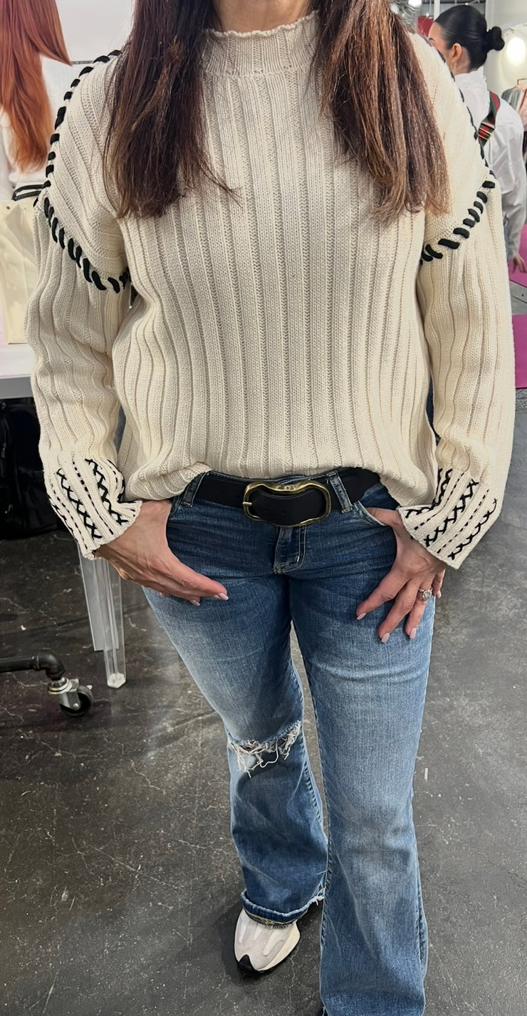 Ivory Stitch Detail Crew Neck Sweater