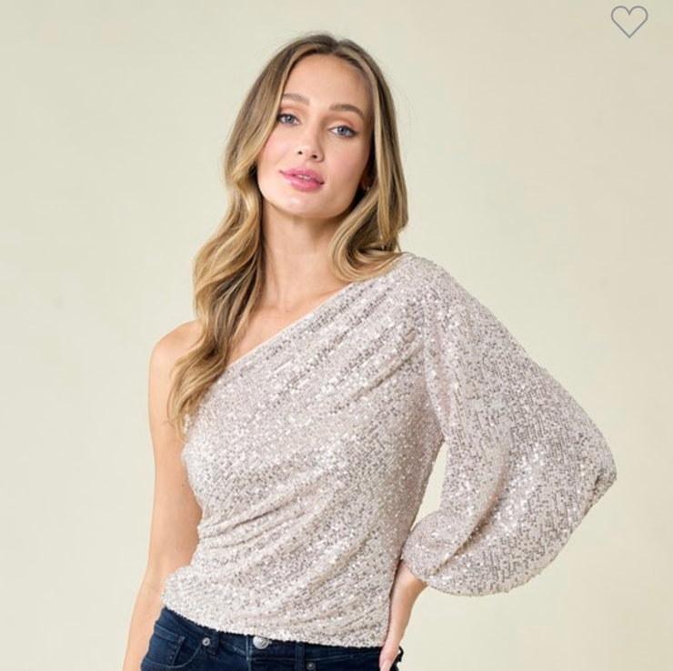 Champagne One Shoulder Sequin Top- Also Available in Black