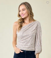 Champagne One Shoulder Sequin Top- Also Available in Black