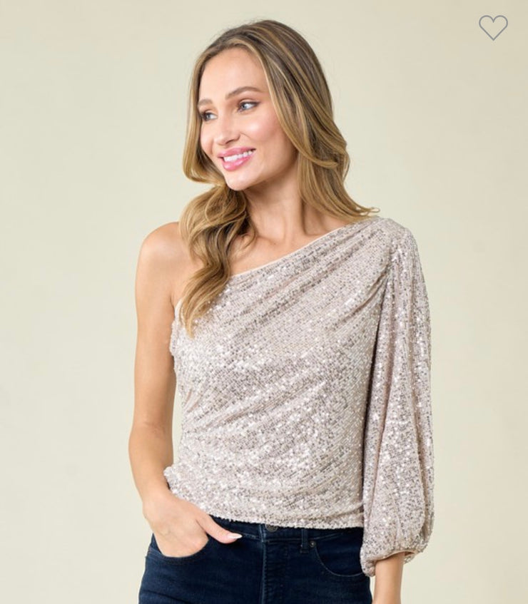 Champagne One Shoulder Sequin Top- Also Available in Black