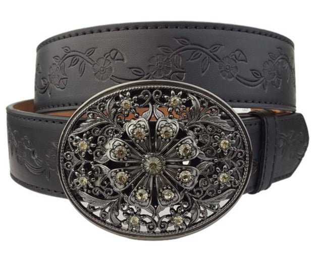 Black Western Crystal Buckle With Floral Tooled Belt