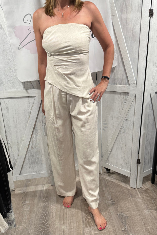 Ivory Beige Tube Linen Top and Linen Pant Set