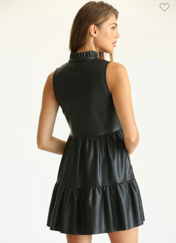 Black Faux Leather Sleeveless Ruffle Dress.. with Pockets!