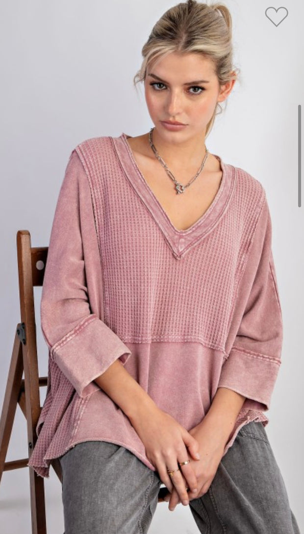 Mineral Washed V Neck Waffle Detail Top- Available in Pink & Mauve