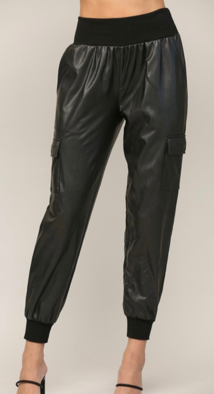 Black Faux Leather Jogger With Contrast Rib Band Trim