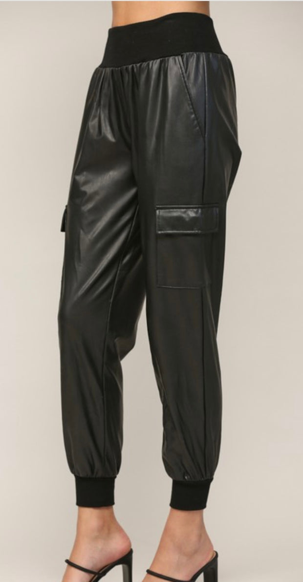 Black Faux Leather Jogger With Contrast Rib Band Trim