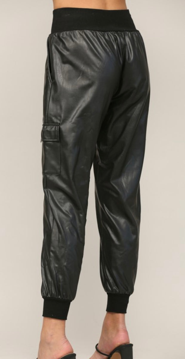 Black Faux Leather Jogger With Contrast Rib Band Trim