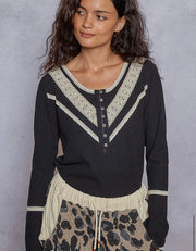 Vintage Black V Neck Top With Lace & Button Detail