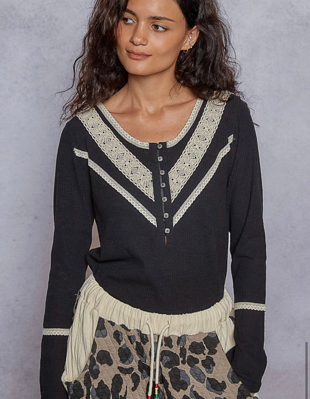 Vintage Black V Neck Top With Lace & Button Detail