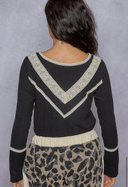 Vintage Black V Neck Top With Lace & Button Detail