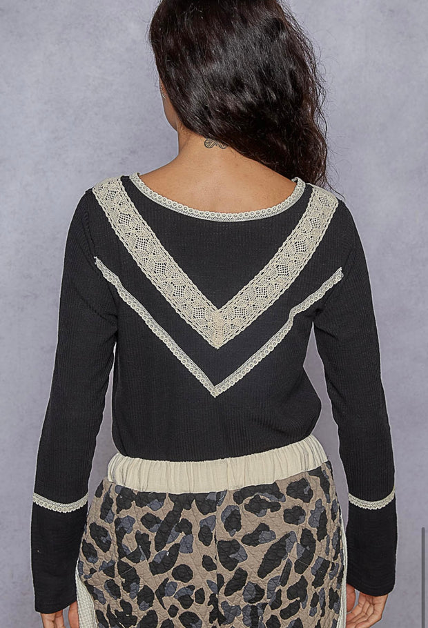 Vintage Black V Neck Top With Lace & Button Detail