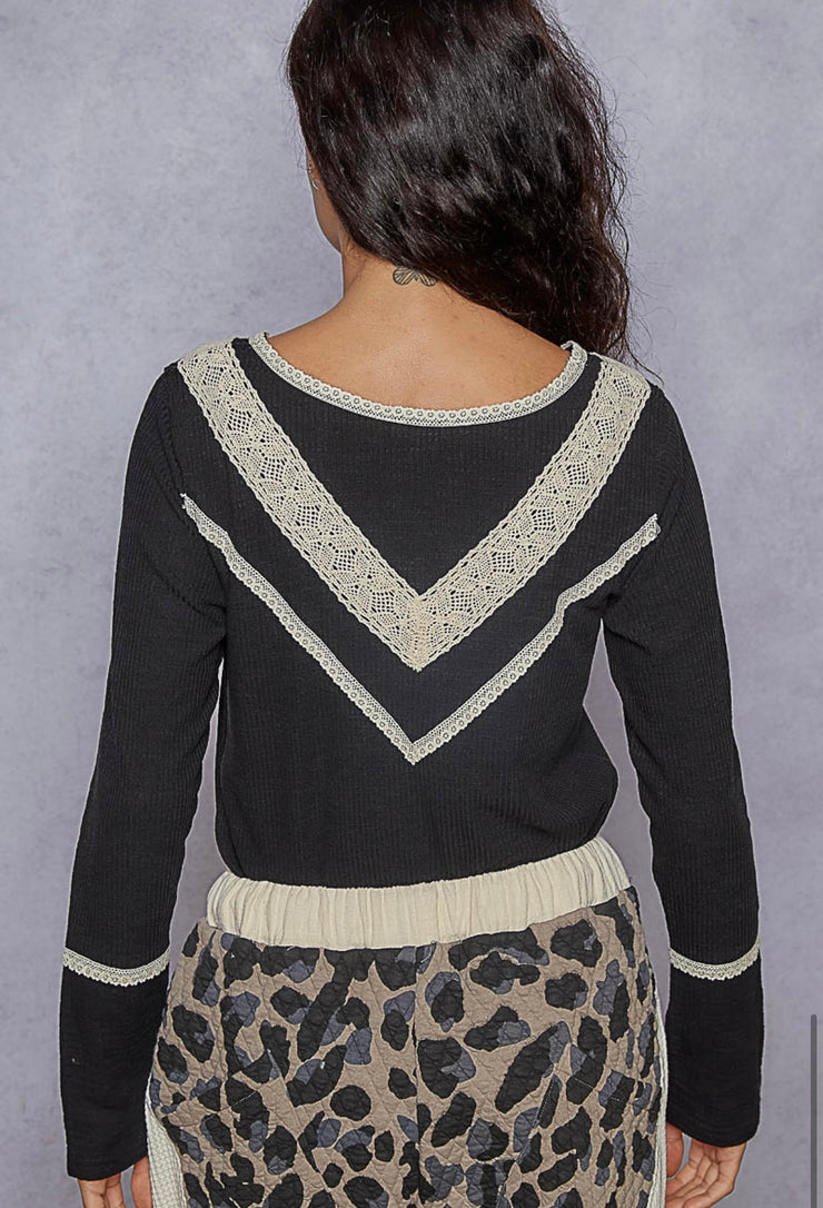 Vintage Black V Neck Top With Lace & Button Detail