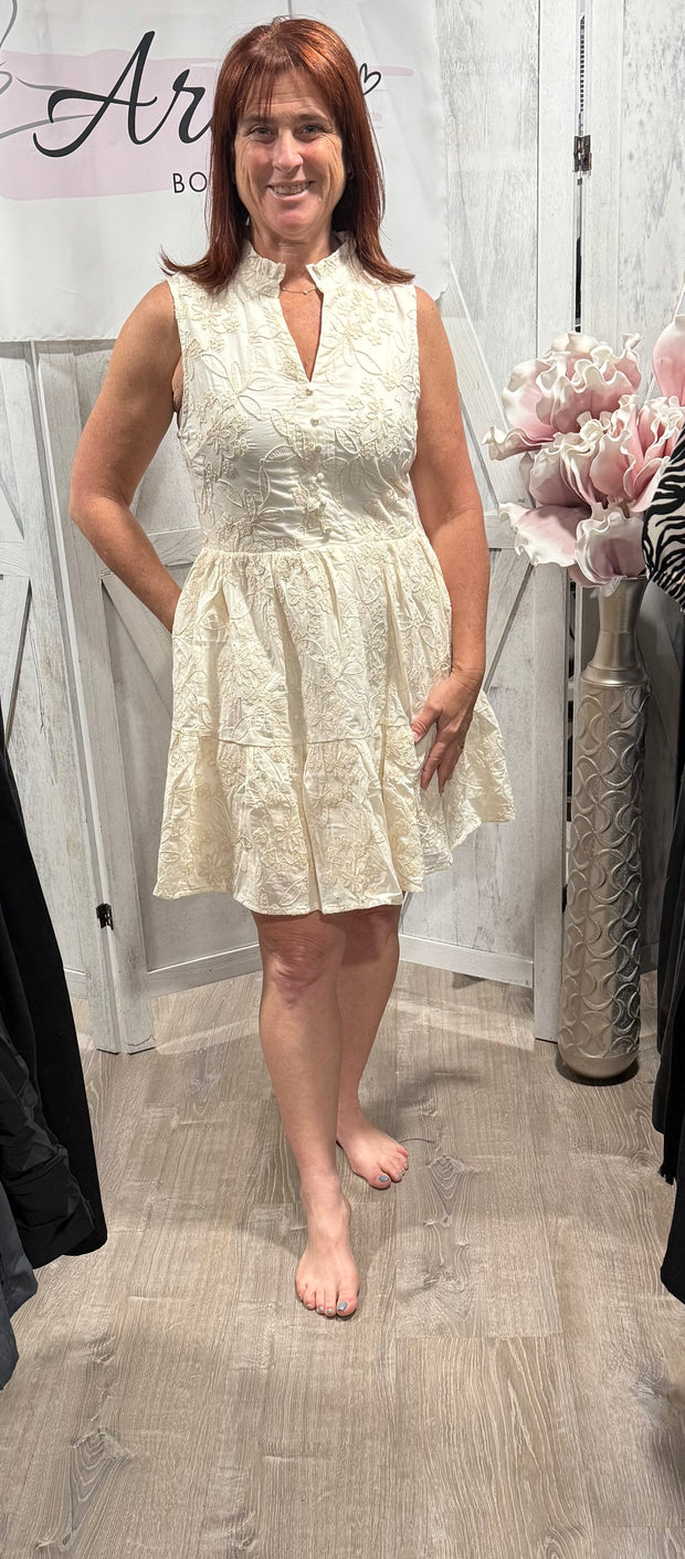 Ivory Ruffled Sleeveless Embroidered Dress